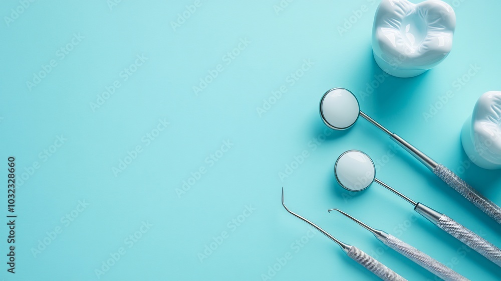 Dental model professional dental tools neatly arranged on a soft blue background highlighting dental hygiene Clean design with ample space for text perfect for dental care promotions Dental model professional dental tools neatly arranged on a soft blue background highlighting dental hygiene Clean design with ample space for text perfect for dental care promotions