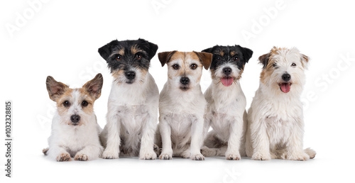 Canvas Print Row of 5 Jack Russel dogs in different ages and colors