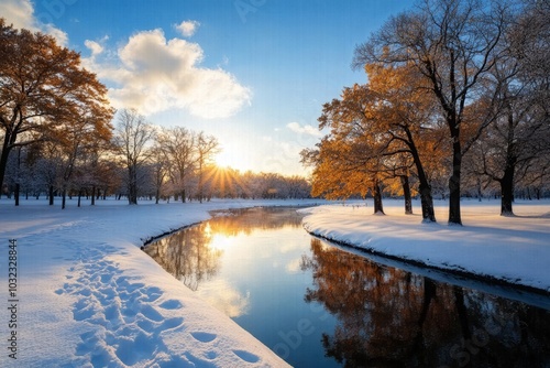 Sunset over snowy river, serene winter scene