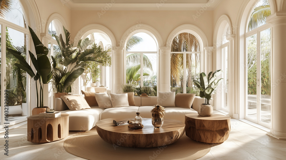 Sofa coffee table and side tables in the center of an open space with large windows Sofa coffee table and side tables in the center of an open space with large windows