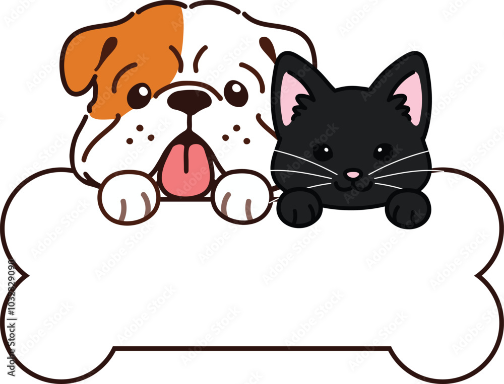 Simple and adorable illustration of Bulldog and black cat holding a bone Simple and adorable illustration of Bulldog and black cat holding a bone
