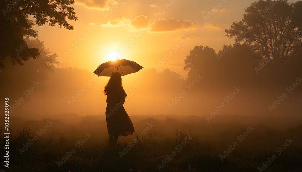Silhouette of a woman enjoying sunrise with umbrella in a foggy field Silhouette of a woman enjoying sunrise with umbrella in a foggy field