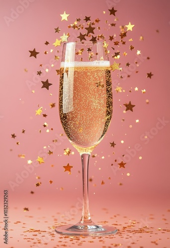 Sparkling champagne glass filled with festive golden stars against a soft pin...