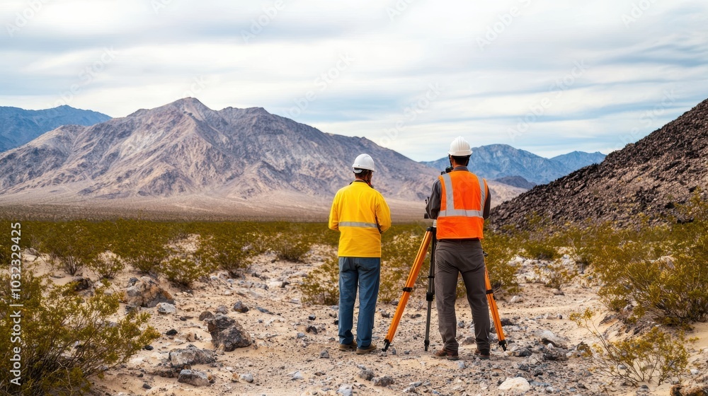 Two surveyors in safety gear analyze a desert landscape, with mountains ...