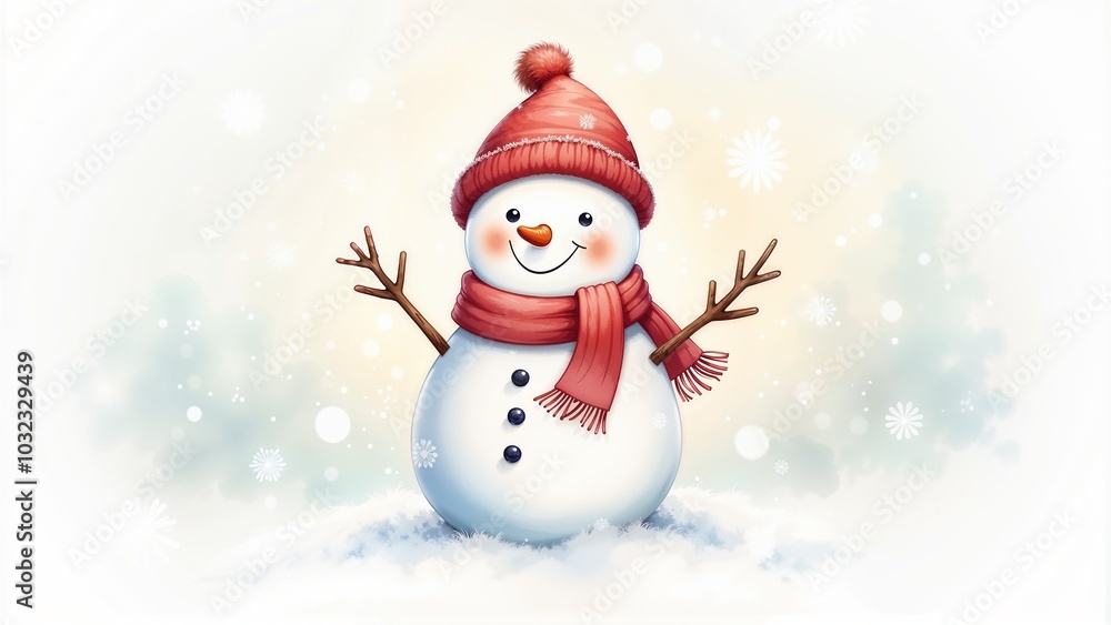 Kind snowman character wearing a hat and scarf with a cheerful winter background Kind snowman character wearing a hat and scarf with a cheerful winter background