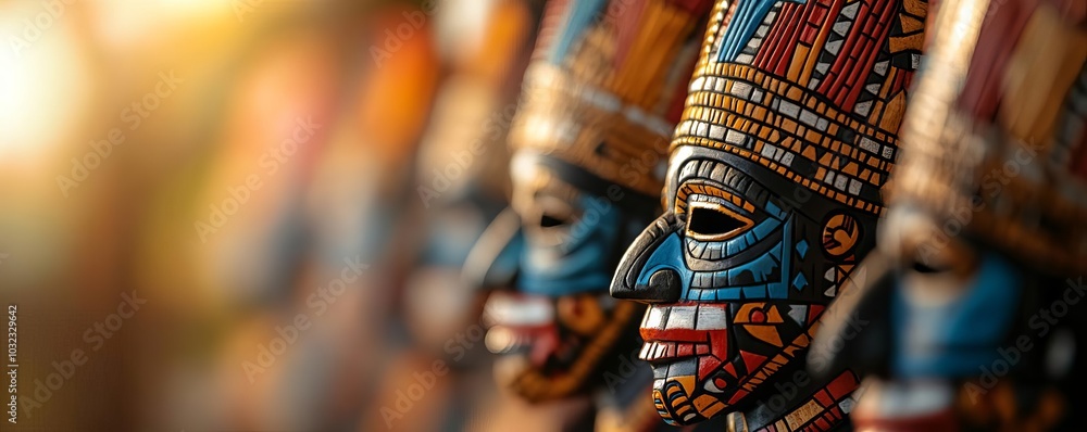 Vibrant tribal masks in decorative display Vibrant tribal masks in decorative display