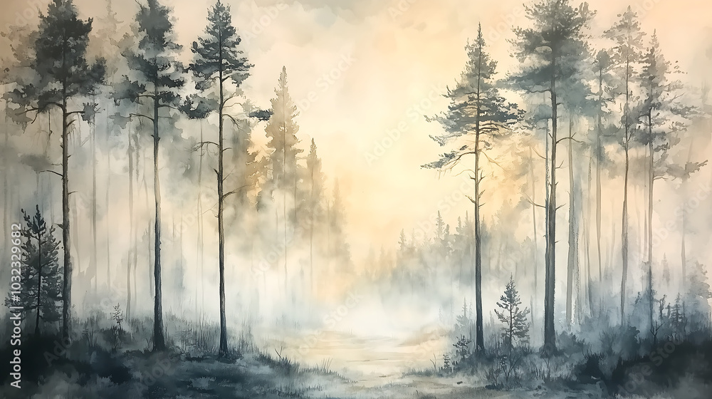 watercolor painting of a gentle woodland scene, with tall, slender trees watercolor painting of a gentle woodland scene, with tall, slender trees
