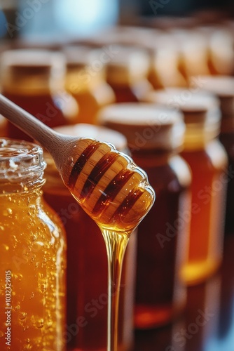 Golden honey dripping from a wooden spoon into a jar surrounded by soft glowi...