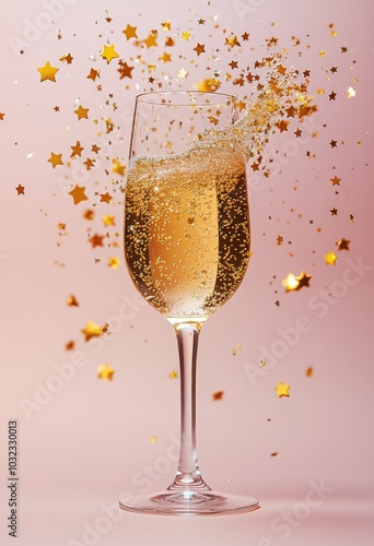 Sparkling champagne glass filled with festive golden stars against a soft pin...