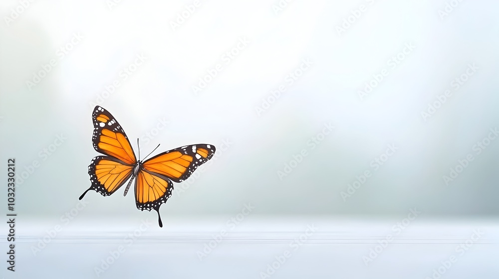 Obraz premium Elegant monarch butterfly in watercolor with a hint of Halloween atmosphere glowing orange wings contrasted against a light isolated background Ethereal mystical and digital or painting