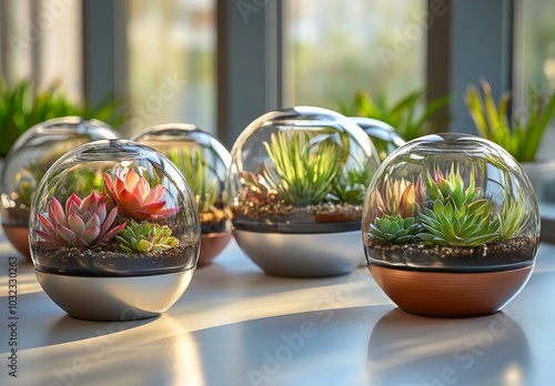Beautifully arranged glass terrariums showcasing vibrant succulents in a brig...