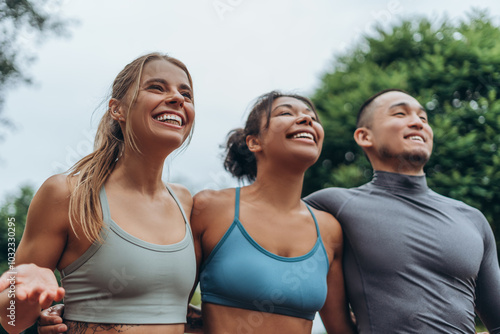 Diverse group of smiling, multinational sportspeople wearing sportwear hugging together