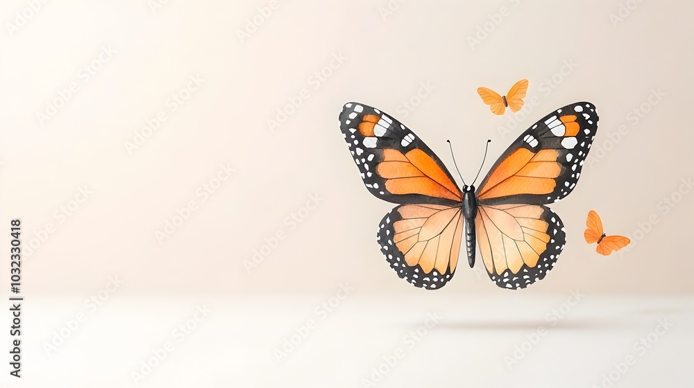 Obraz premium Exquisite watercolor of a monarch butterfly with its wings spread wide showcasing the rich autumnal tones and delicate Halloween inspired accents against a soft serene background