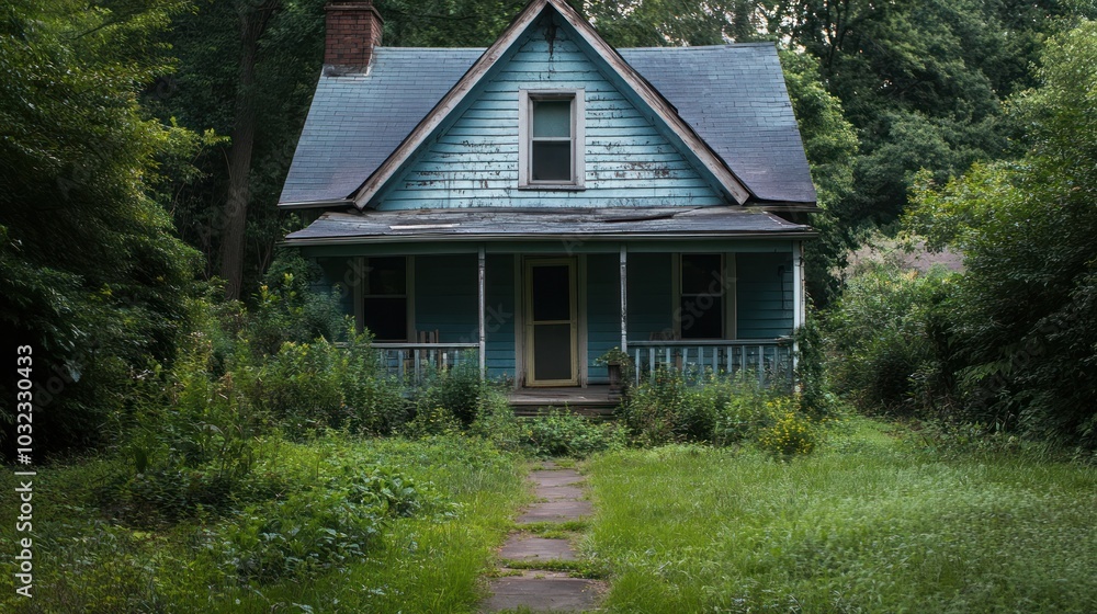 An abandoned blue house surrounded by overgrown grass and trees. An abandoned blue house surrounded by overgrown grass and trees.