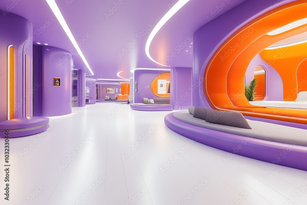 A futuristic living space with sleek purple walls white flooring and vibrant orange A futuristic living space with sleek purple walls white flooring and vibrant orange