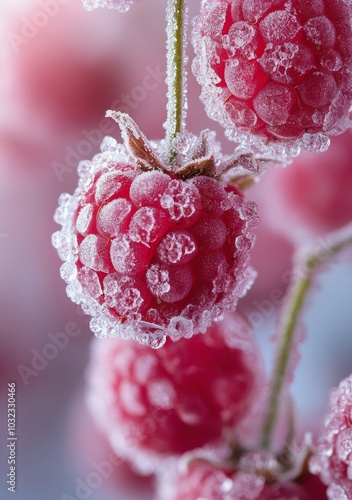 Frozen raspberries glistening with frost on a soft, blurred pastel background...