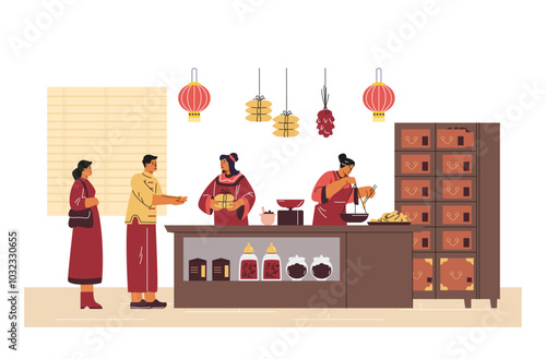 The vector illustration with an alternative medicine store with vendors in traditional Chinese clothes