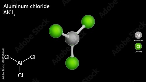 Aluminum chloride (AlCl3) is a white, hygroscopic compound used as a catalyst in organic reactions. It plays a key role in the production of aluminum metal. Black background. 3D rendering. photo