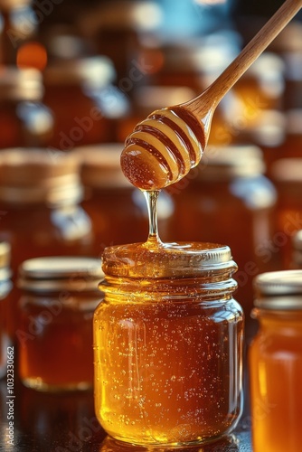 Golden honey dripping from a wooden spoon into a jar surrounded by soft glowing lights photo