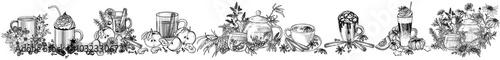 Vector set of 9 autumn drinks. Sea buckthorn tea, marshmallow cocoa, apple cider, spiced tea latte, hot chocolate with cream, pumpkin spice latte, tea with and raspberries, mulled wine, herbal tea