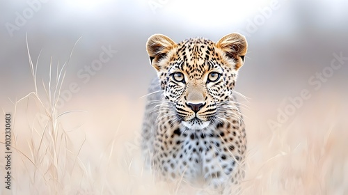 A stunning watercolor painting that captures the intense captivating gaze of a powerful African leopard showcasing the predator s detailed fur spots and majestic presence on a clean white background photo