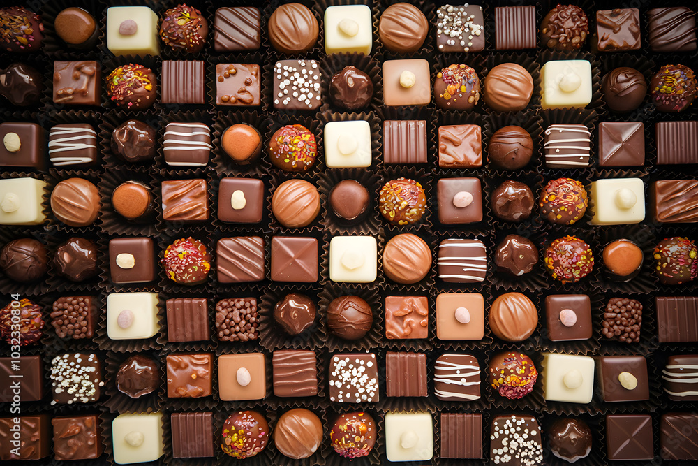 Neatly arranged chocolates in varying shapes, enhancing rich, indulgent ambiance Neatly arranged chocolates in varying shapes, enhancing rich, indulgent ambiance