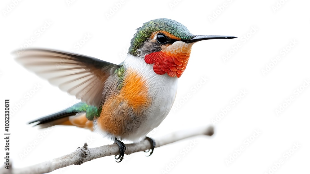 Fototapeta premium Vibrant and Detailed Watercolor of a Beautiful Hummingbird with Colorful and Intricate Wings Isolated on a Clean White Background for Use in Tropical Nature or Floral Designs and Artwork