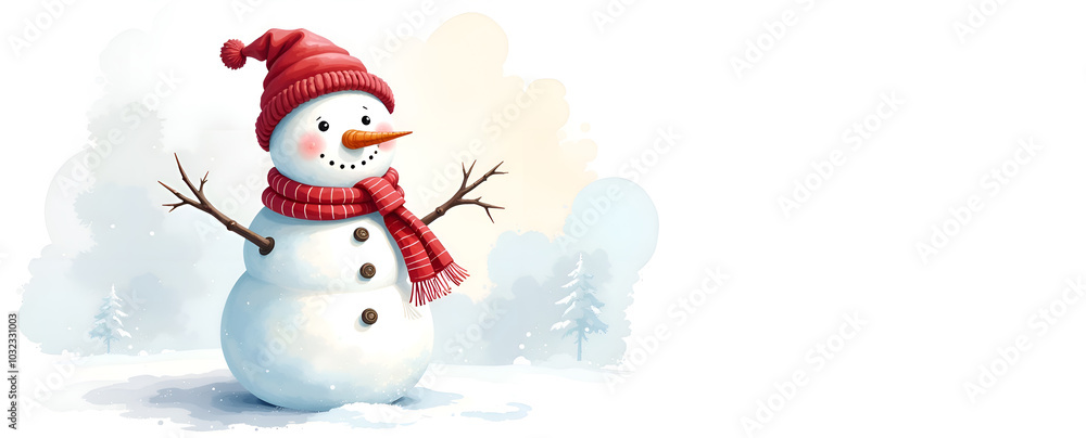 snowman in red hat and scarf, happy new year, banner snowman in red hat and scarf, happy new year, banner