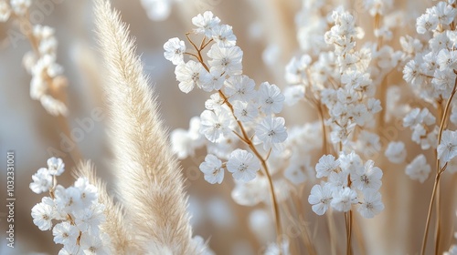 Soft white flowers blooming in a serene field during the golden hour of late ...