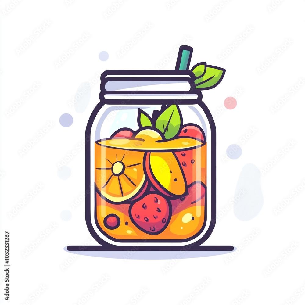 Obraz premium Mason jar with fruit and tea. A flat 2d icon illustration. 