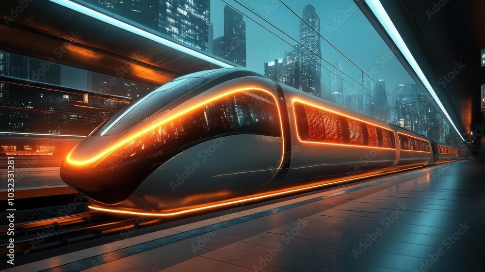 Modern railway station, sleek train with glowing edges, futuristic design, soft lighting, cityscape in background, concept art Modern railway station, sleek train with glowing edges, futuristic design, soft lighting, cityscape in background, concept art