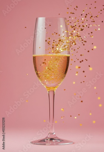 Sparkling champagne glass filled with festive golden stars against a soft pink background