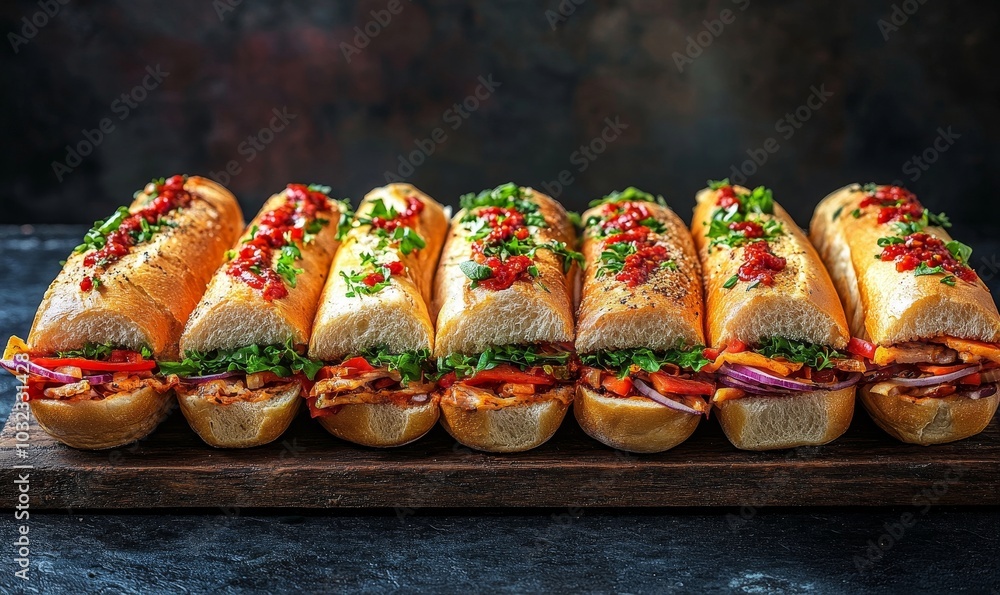 Submarine sandwiches Long subway sandwiches on a dark background, Generative AI Submarine sandwiches Long subway sandwiches on a dark background, Generative AI