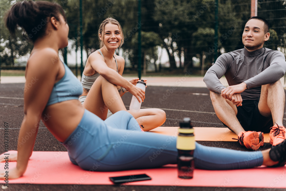 Obraz premium Diverse group of smiling women and man sitting, relaxing together on yoga mat relaxing on the street
