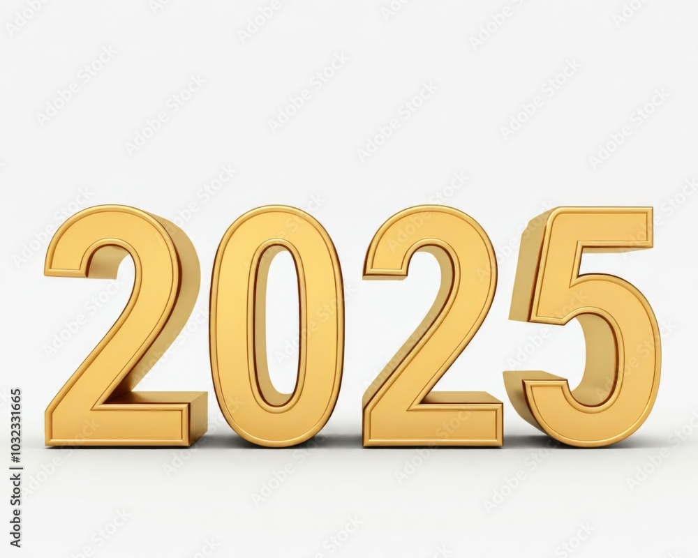 Die goldene Jahreszahl 2025 steht auf einem schlichten weißen Hintergrund und wirkt elegant und minimalistisch, ohne zusätzliche dekorative Elemente. Generative KI. Die goldene Jahreszahl 2025 steht auf einem schlichten weißen Hintergrund und wirkt elegant und minimalistisch, ohne zusätzliche dekorative Elemente. Generative KI.