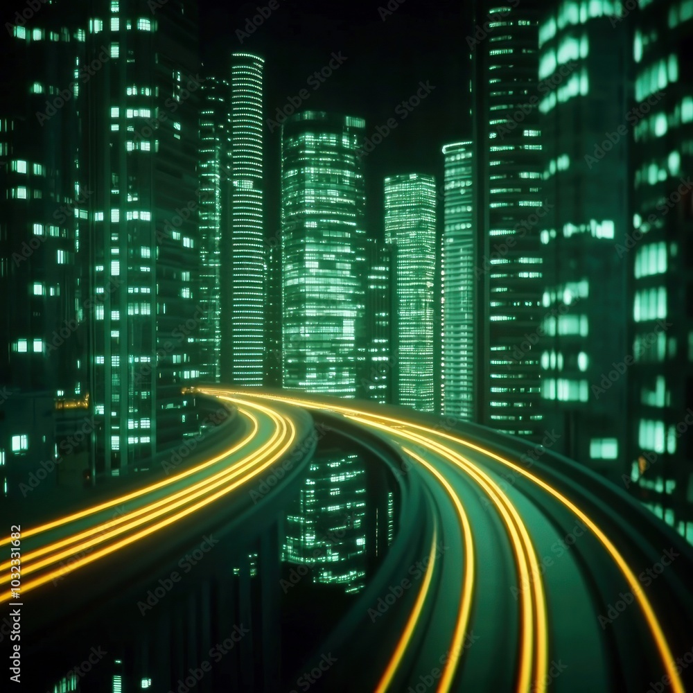 Futuristic cityscape at night with glowing roads and skyscrapers under a starry sky perfect for tech enthusiasts Futuristic cityscape at night with glowing roads and skyscrapers under a starry sky perfect for tech enthusiasts