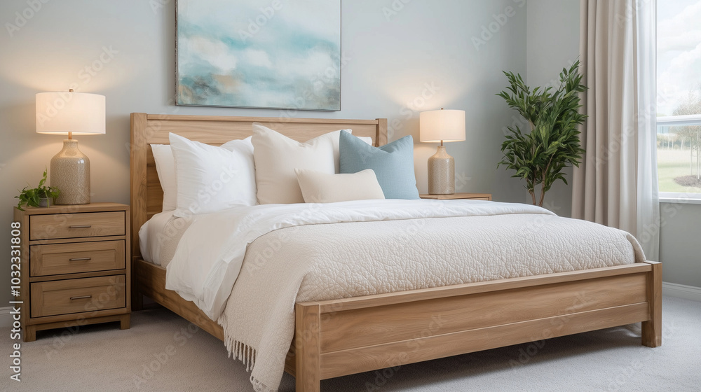 Bedroom with light blue and beige accents Bedroom with light blue and beige accents
