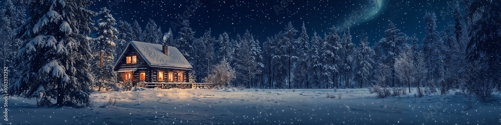 Lonely house in a winter forest at night with snow and northern lights Lonely house in a winter forest at night with snow and northern lights