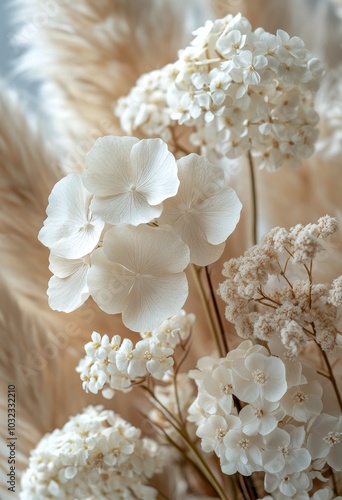 Delicate white flowers arranged in a soft, neutral toned setting with texture...