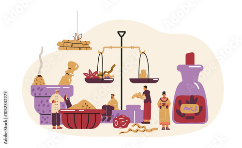 Vector illustration of alternative medicine tools and doctors on a white background.