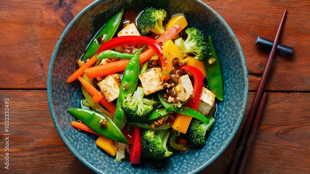 Colorful Vegetable Stir-Fry with Tofu in Blue Bowl Colorful Vegetable Stir-Fry with Tofu in Blue Bowl