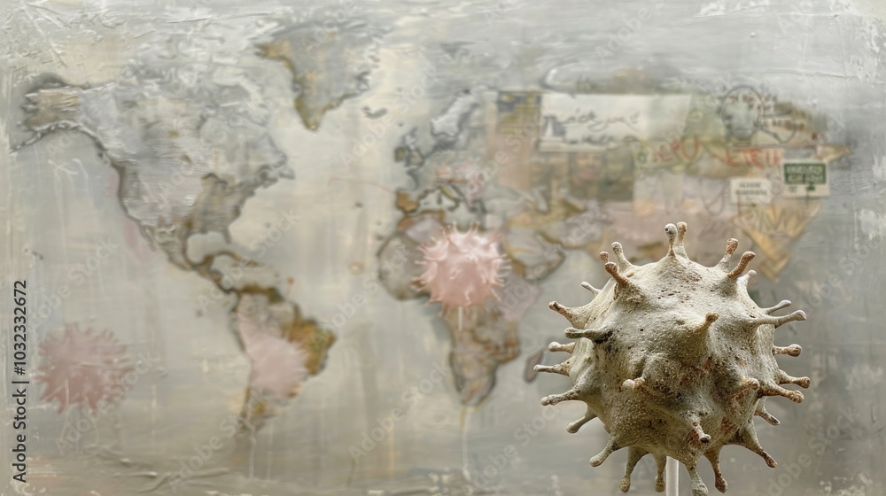 Naklejka premium Artistic representation of pandemic impact on global map with virus molecule overlay.
