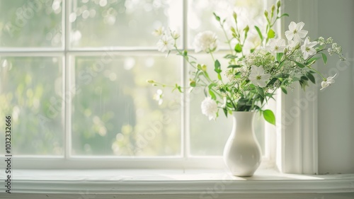 Beautiful gypsophila flowers in vase on window sill