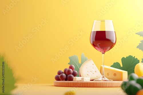 A glass of red wine, cheese, and grapes on a wooden board against a vibrant yellow background.