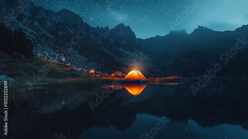 A serene camping scene at night with a glowing tent reflecting in a calm lake surrounded by mountains.