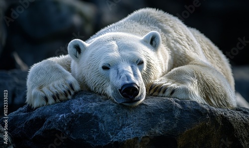 Exhausted and hungry Polar bears are becoming thin from global warming and melting ice, Generative AI photo