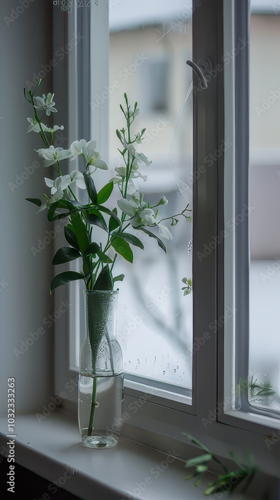Bouquet of white flowers in a vase on the windowsill Bouquet of white flowers in a vase on the windowsill