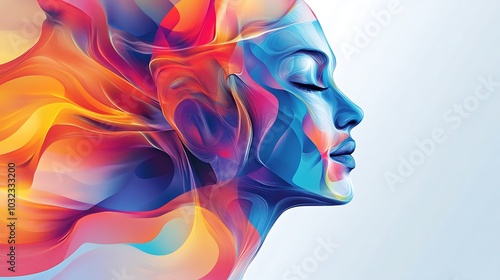 An abstract digital illustration of a woman's face with flowing, colorful hair.