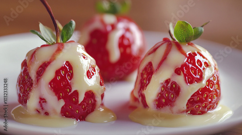 Strawberries drizzled with sweetened condensed milk photo