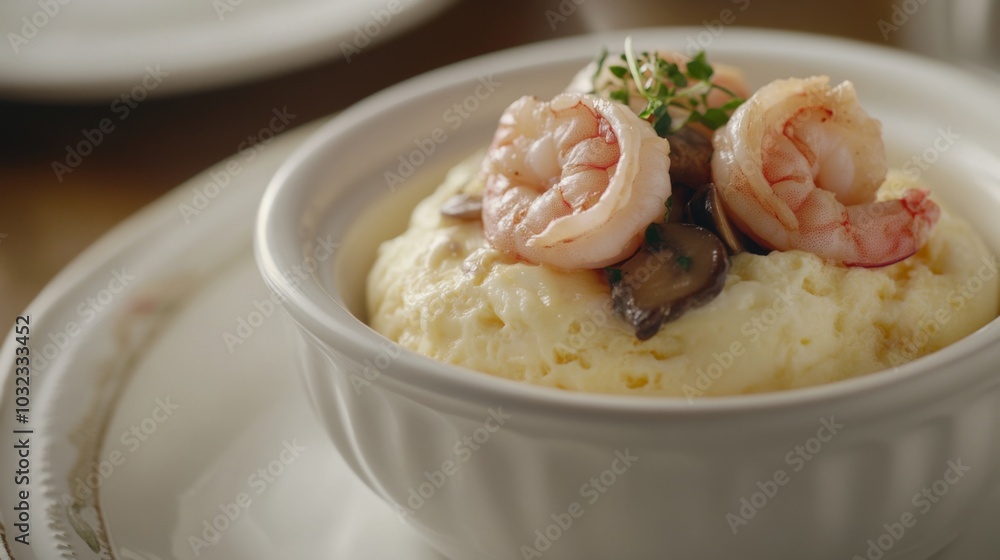 Creamy Dish with Shrimp and Mushrooms on Plate Creamy Dish with Shrimp and Mushrooms on Plate